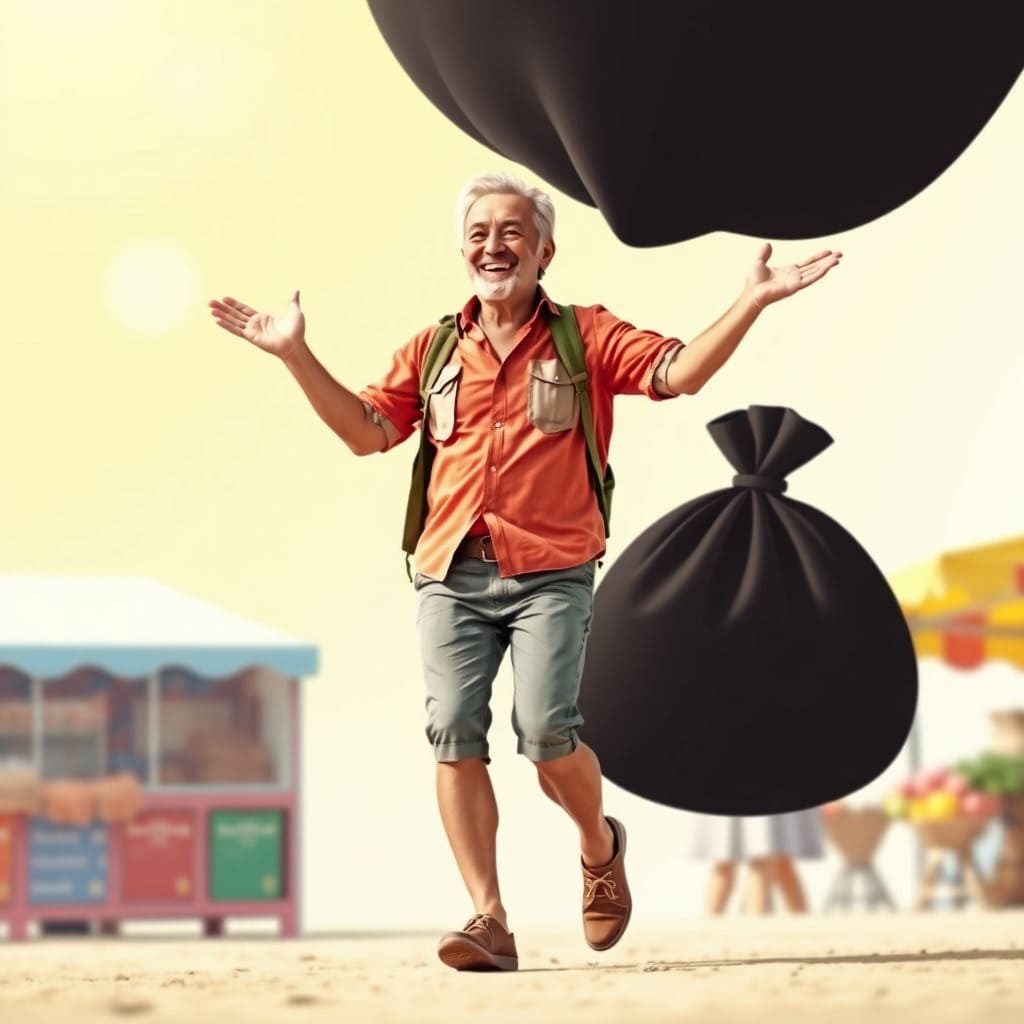 무거웠던 짐(빚을 상징)을 내려놓고 환하게 웃으며 가벼운 발걸음으로 나아가는 사람의 모습. 밝고 긍정적인 분위기입니다.