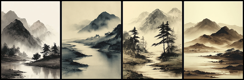 조선 화풍을 기반으로 한 한국 전통 산수화, 안개 낀 산의 번짐과 시적 여백 _Midjourney