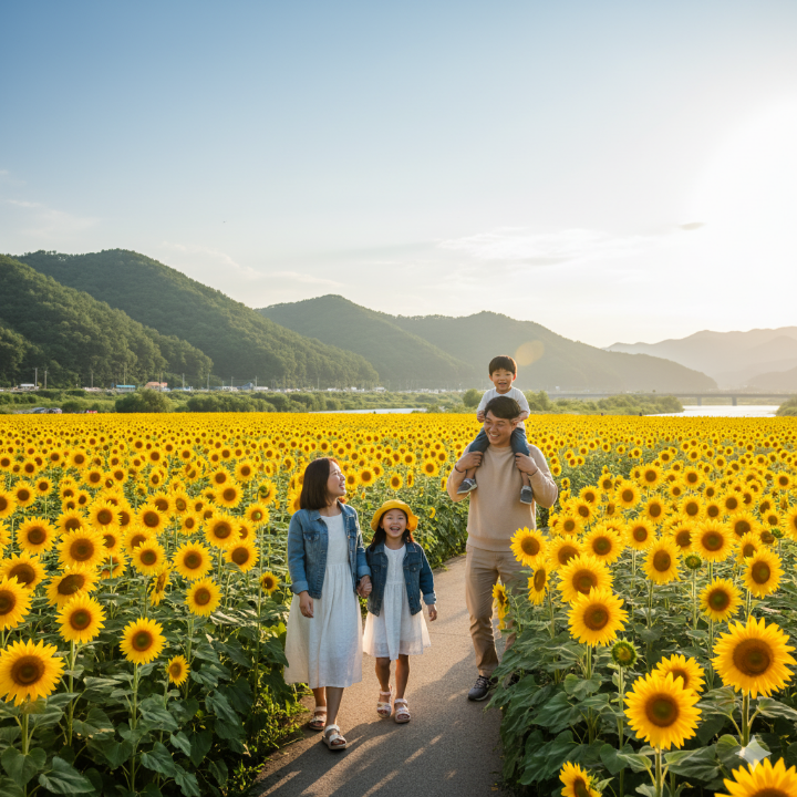 밀양 산외꽃담뜰 해바라기밭을 걷고 있는 가족
