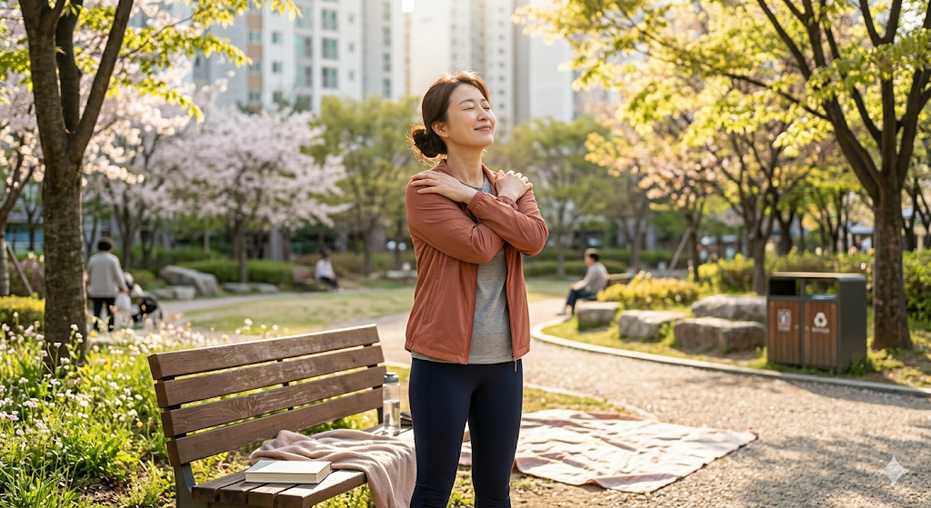 공원에서 햇볕을 쬐며 스트레스를 푸는 모습