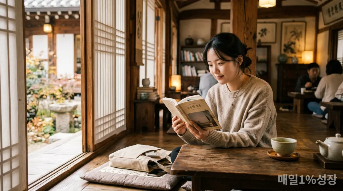 책을 읽으며 평화로운 시간을 보내는 MZ세대 한국 여성