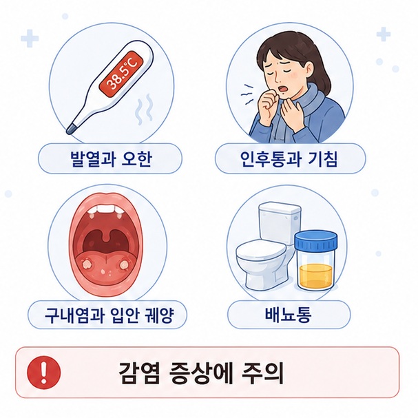 발열과 오한, 인후통과 입안 궤양, 배뇨통 등 백혈구가 낮은 상태에서 감염이 발생하면 나타날 수 있는 주요 증상을 보여 주는 그림