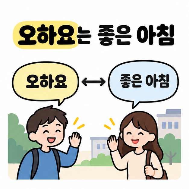 오하요와 좋은 아침 말풍선을 양방향 화살표로 연결해 같은 인사 의미를 설명하는 이미지