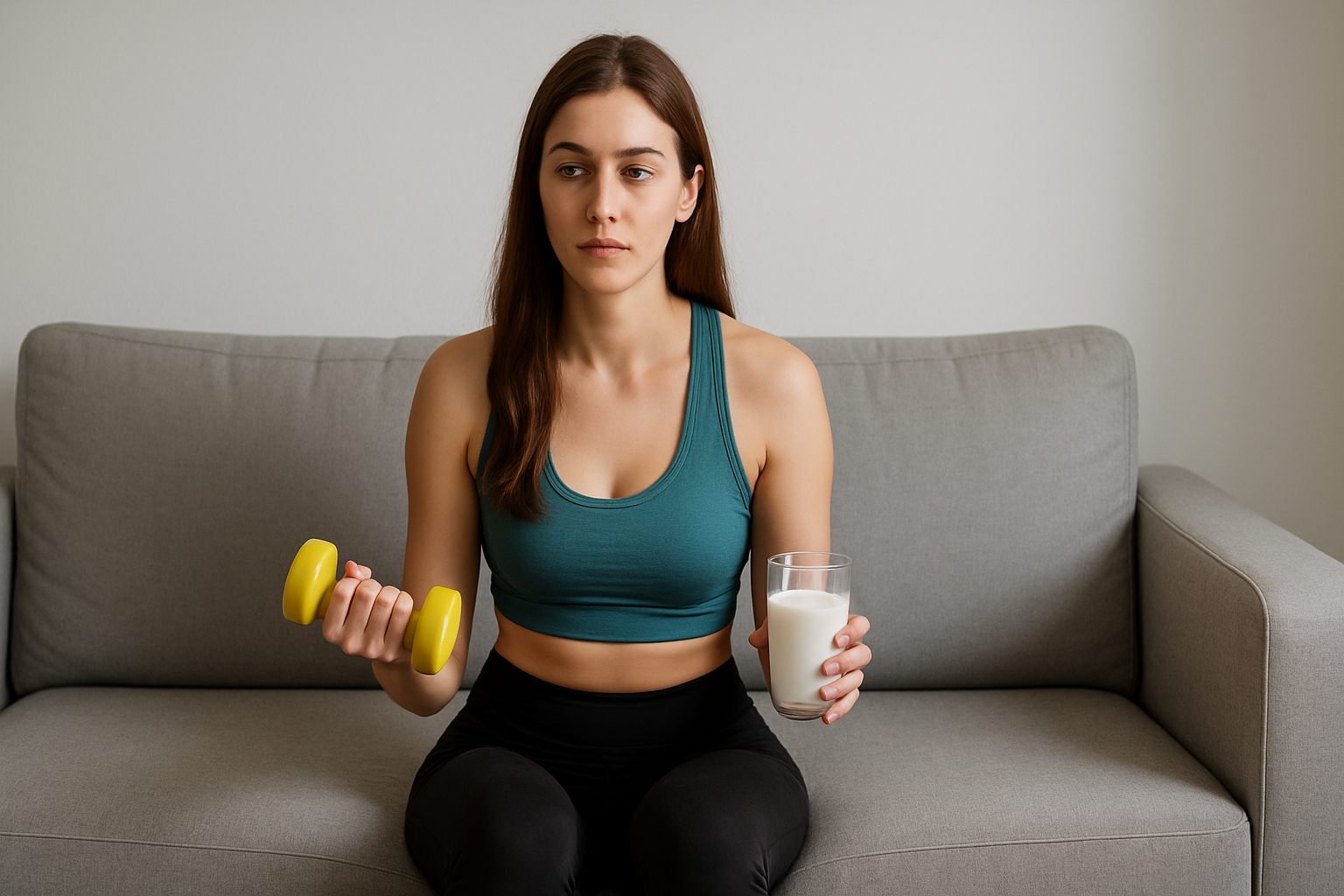 소파에 앉아 아령과 우유를 들고 다이어트 습관을 고민하는 듯한 젊은 여성의 모습