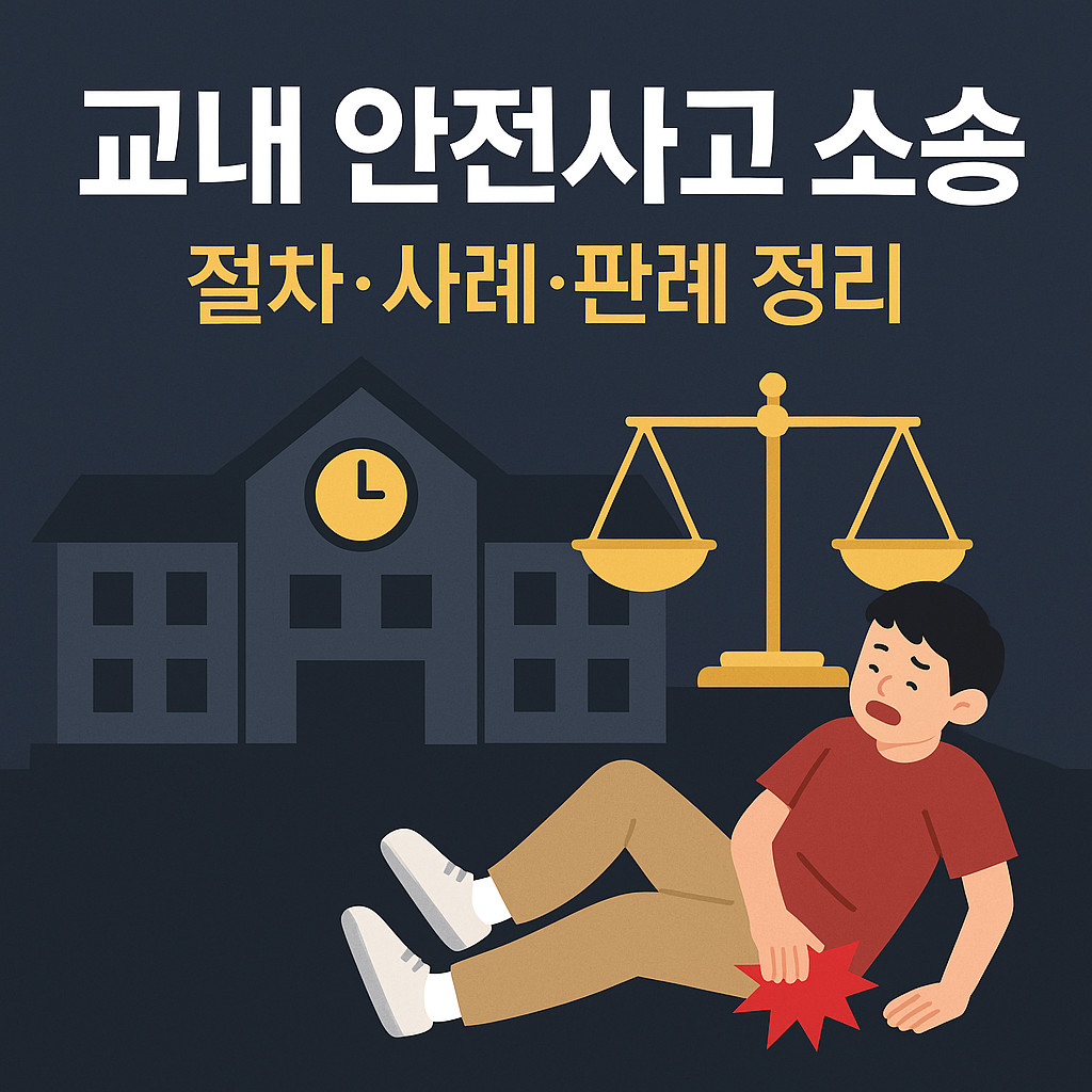 교내 안전사고 소송 절차와 사례, 판례를 정리한 인포그래픽 이미지로, 학교 건물 실루엣과 학생 사고 장면, 법원 저울 아이콘이 포함되어 있습니다