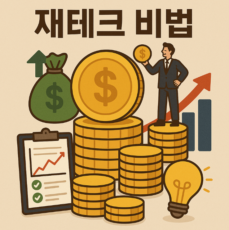 재테크 비법이라는 문구와 그 아래는 달러를 들고 있는 남자와 주식차트, 금화 등의 그림이 있습니다.