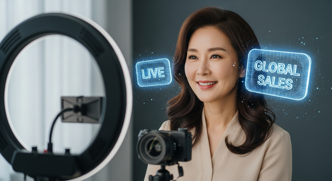 정부 지원을 받아 전문 스튜디오에서 라이브 커머스 방송을 진행하며 제품을 홍보하는 현장 모습