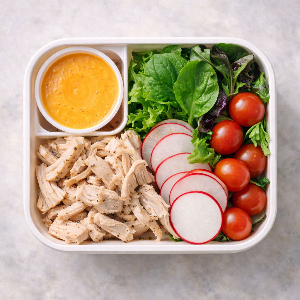 아삭한 무와 닭가슴살 샐러드, 그리고 상큼한 귤 드레싱이 담긴 건강한 도시락.