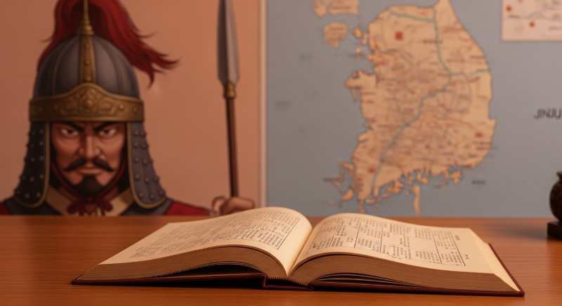 고풍스러운 목재 테이블 위에 펼쳐진 진주 강씨 족보와 고구려 장군의 투구, 진주 지도가 어우러진 이미지