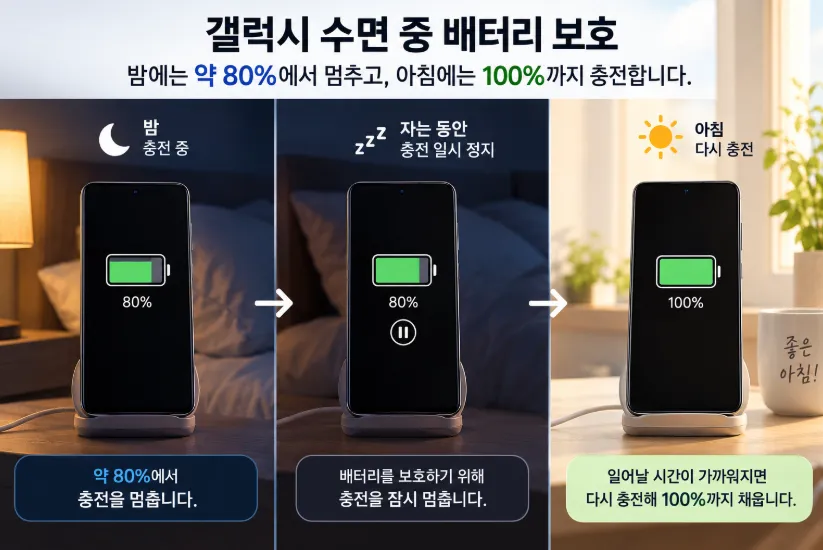 갤럭시 배터리 보호에서 수면 중 배터리 보호를 켜면 수면 중 80%에서 멈추고 기상 직전에 100%까지 충전되는 설정 화면