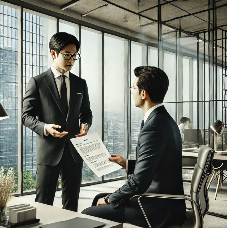 사무실에서 근로 계약에 대해 논의하는 장면