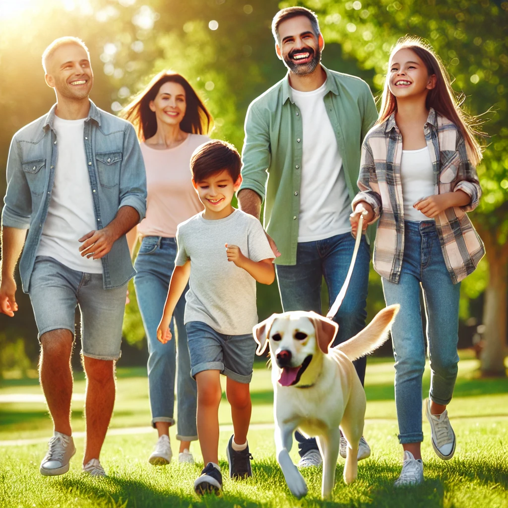 가족과 함께 산책하는 반려견 &ndash; 부모와 아이들이 함께 공원에서 반려견과 산책하며 행복한 시간을 보내는 모습