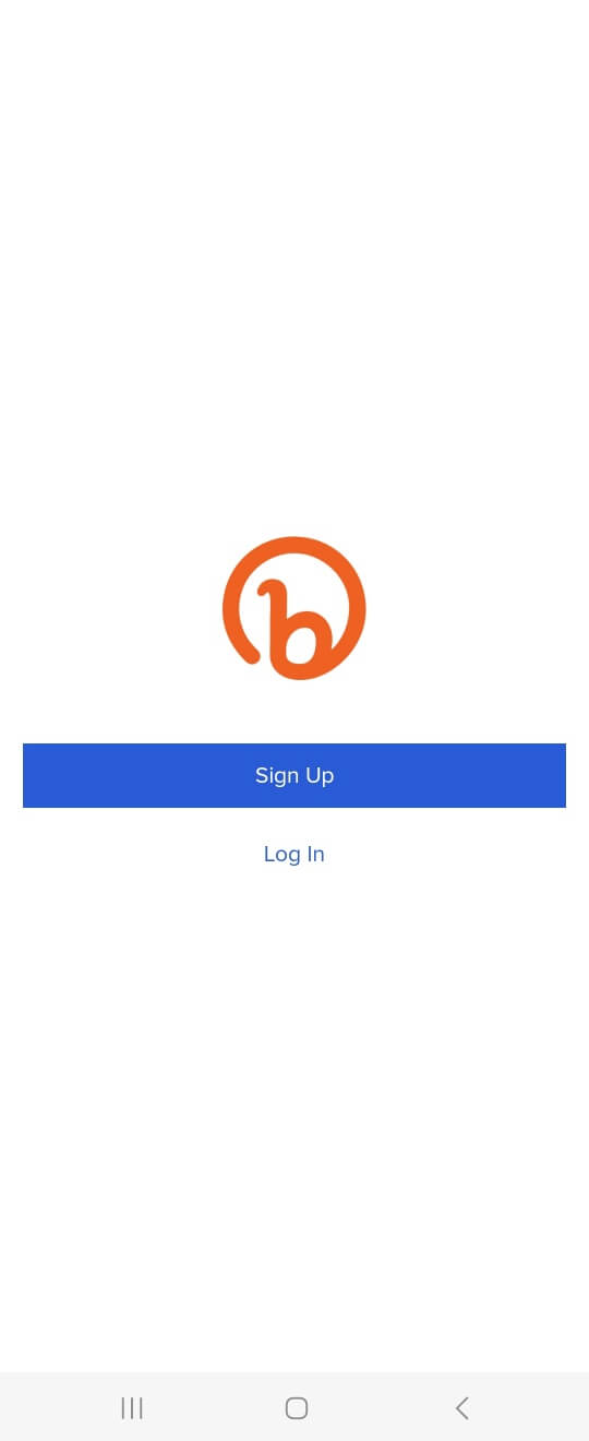 버블리 메인화면 중간 주황동그라미 안 b 하단 파란네모 안 흰글자 sign up