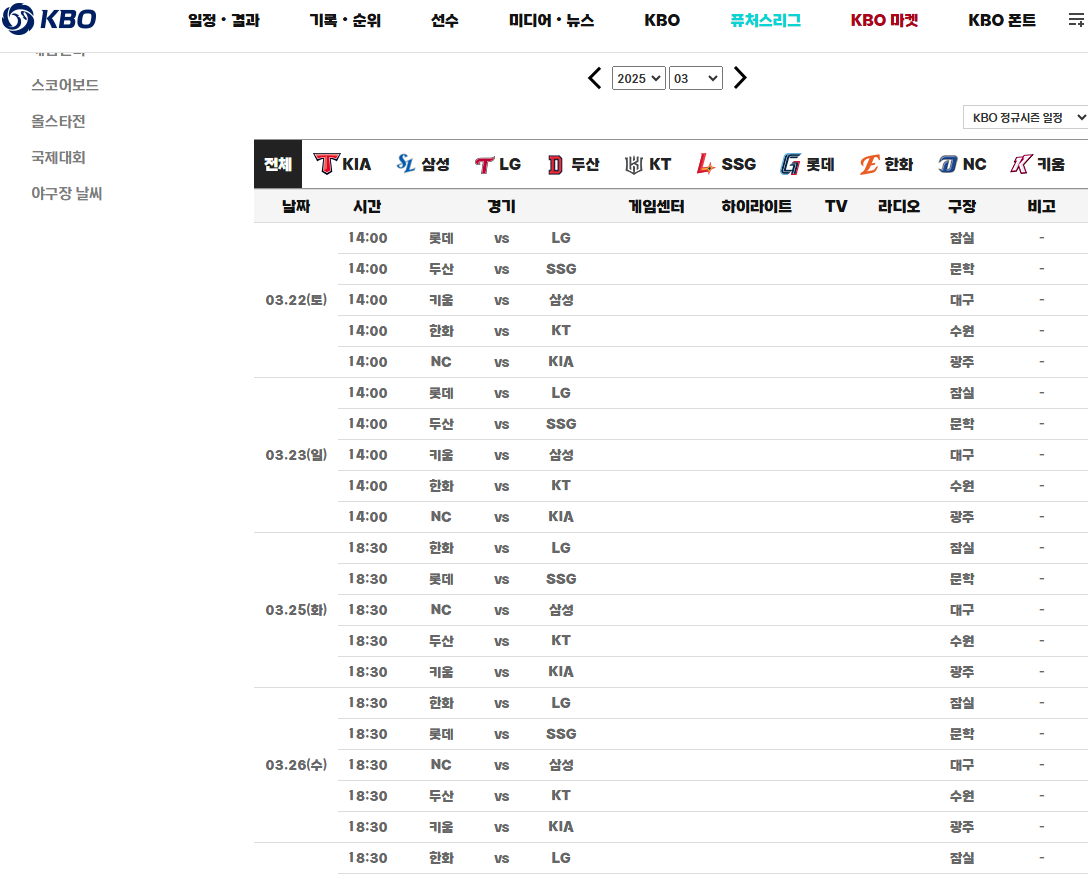 KBO리그 일정 및 경기수