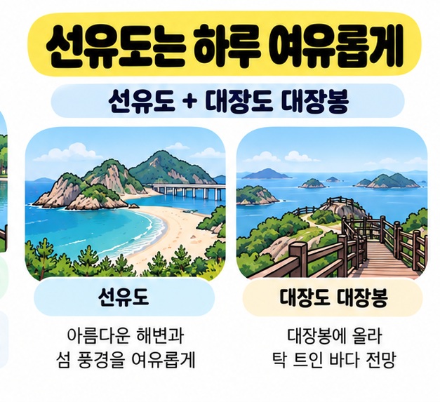 선유도와 대장도 대장봉을 함께 둘러보는 고군산군도 여행 구성을 보여주는 카드