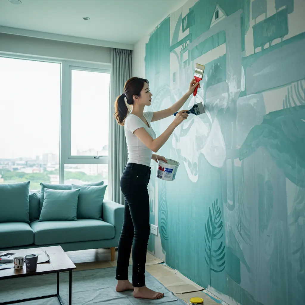 ๋ฒฝ์ ํ์ธํธ ์น ์ ํ๊ณ ์๋ ์ฌ์ฑ ์ด๋ฏธ์ง