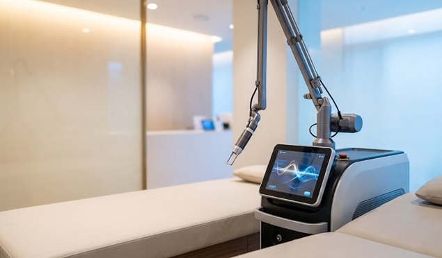 현대적인 피부과 클리닉 내부에 배치된 최신 레이저 시술 장비와 시술 베드 전경