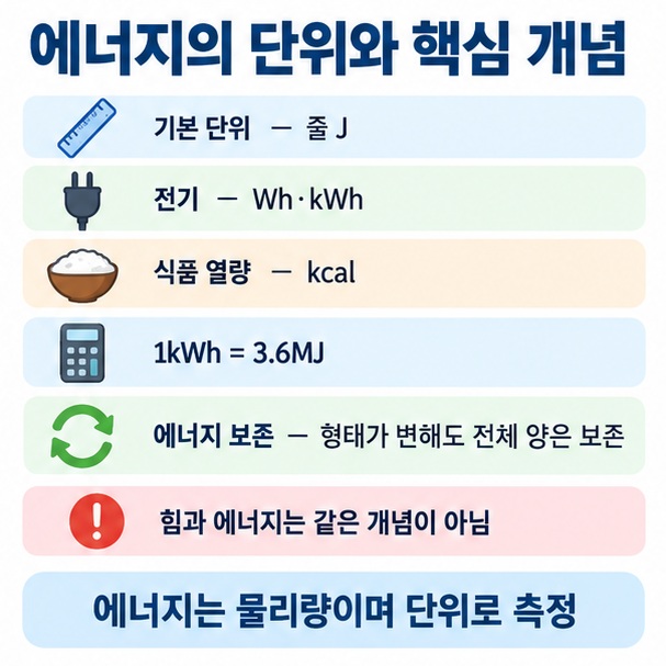 에너지 단위 줄 J, 와트시 Wh, 킬로와트시 kWh, 킬로칼로리 kcal와 에너지 보존 원리를 정리한 이미지
