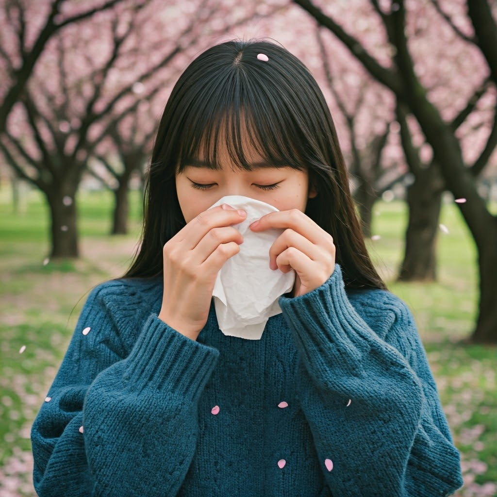 벚꽃 꽃가루 알레르기로 코를 푸는 여성 사진