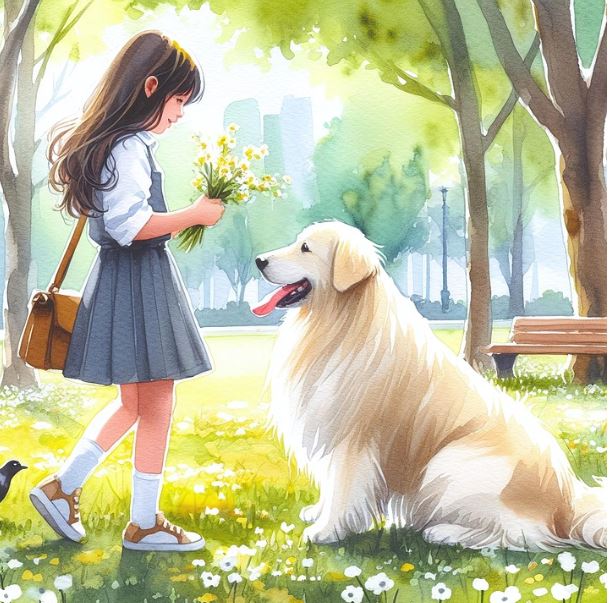 미소 지으며 꽃다발을 들고 있는 보호자 앞에 큰 반려견이 행복한 표정으로 바라보며 앉아 있는 장면의 일러스트 삽화(너무나 훈훈한 모습)