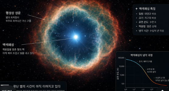 행성상 성운 중심에서 오랜 시간 식지 않은 채 남아 있는 백색왜성과 별의 마지막 냉각 기록을 표현한 우주 장면