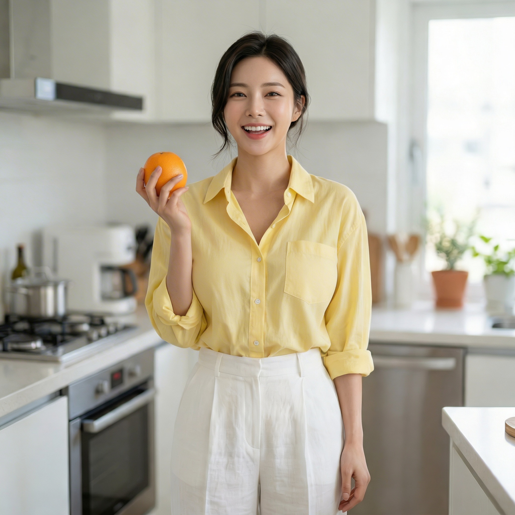 밝은 주방에서 오렌지를 손에 들고 상큼하게 웃는 미디엄샷. 비타민C 하면 떠오르는 과일과 함께 건강한 라이프스타일을 표현한 장면.