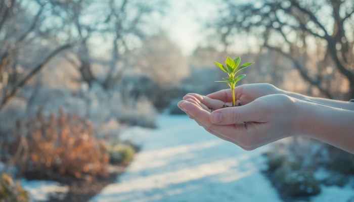 스트레스 관리와 치유를 상징하는 작은 식물 새싹을 들고 있는 손