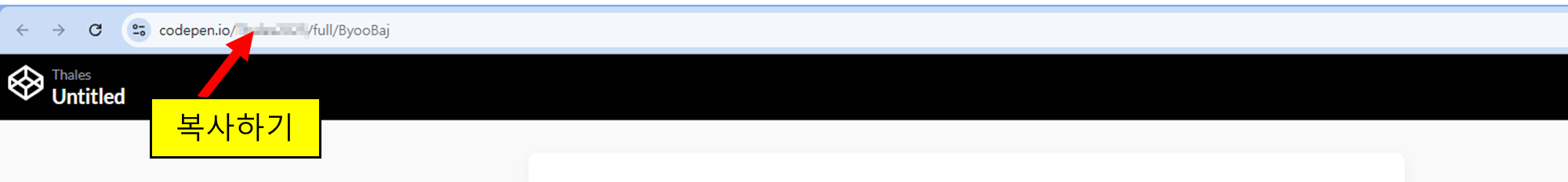 CodePen에서 완성된 웹페이지의 전체화면 모습. 주소창 옆의 '복사하기' 버튼을 눌러 공유할 주소를 복사하는 방법을 보여준다.