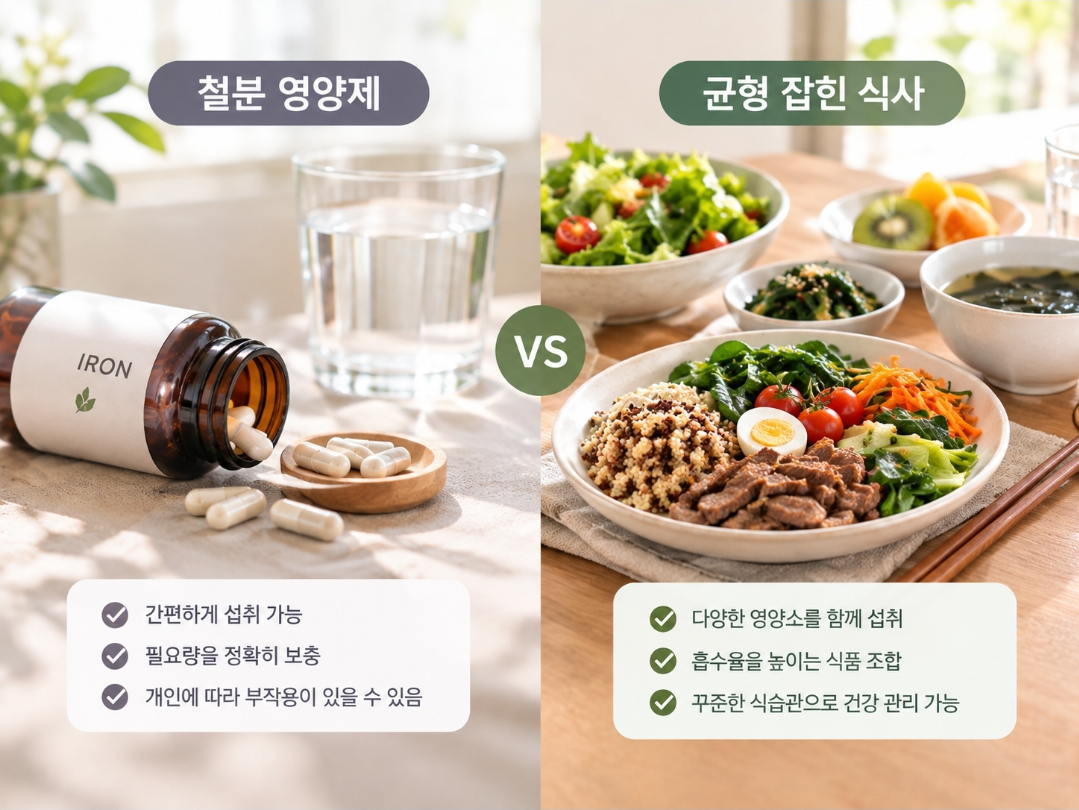 철분 영양제와 균형 잡힌 식사 비교