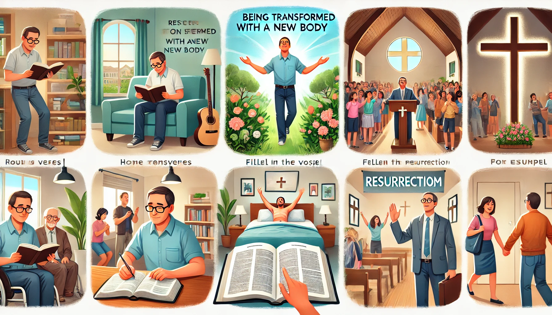 Here is the illustration showing a believer reflecting on the hope of being transformed with a new body at the end times, as described in 1 Corinthians 15:51-52. The scenes include the person joyfully sharing the gospel, reading and recalling the verses multiple times for strength, praying with hands lifted, and engaging in evangelism with joy and enthusiasm. The settings feature a peaceful home study area, a church, and public spaces for sharing the gospel, reflecting hope, transformation, and the joy of resurrection.