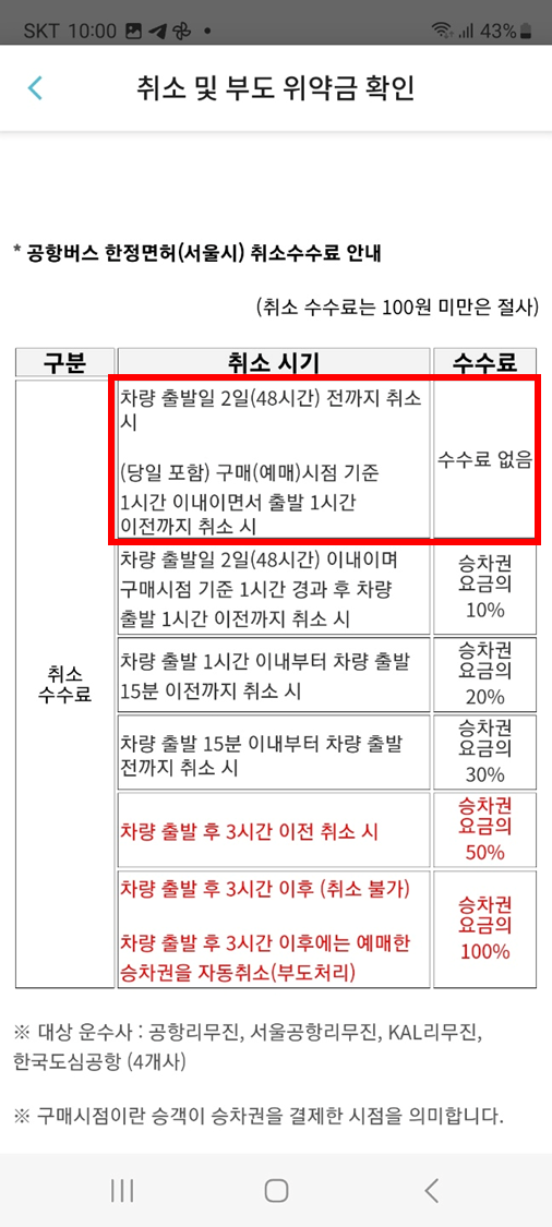 공항버스 취소 수수료