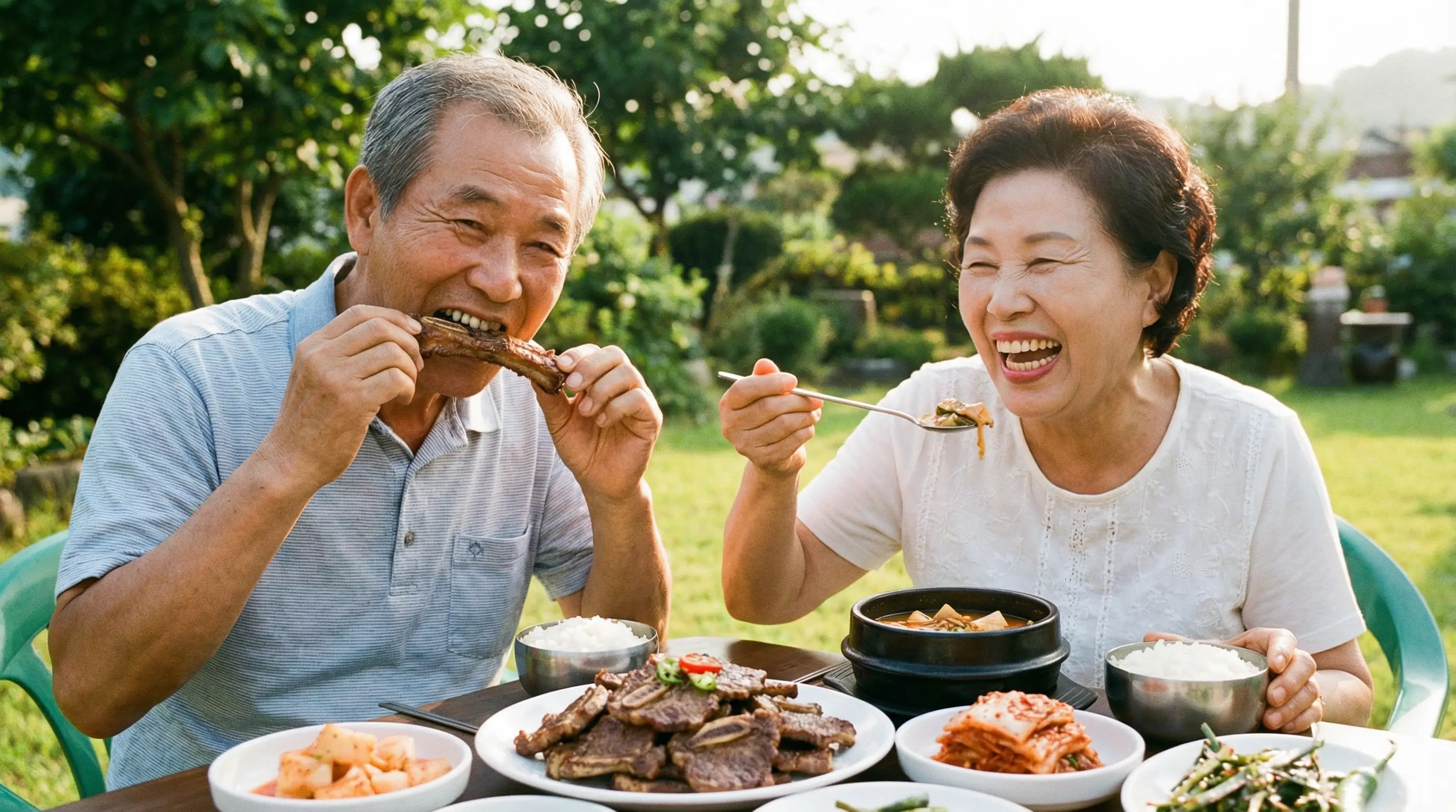 건강한 틀니 또는 임플란트 시술 후 밝게 웃으며 식사하는 어르신의 행복한 모습