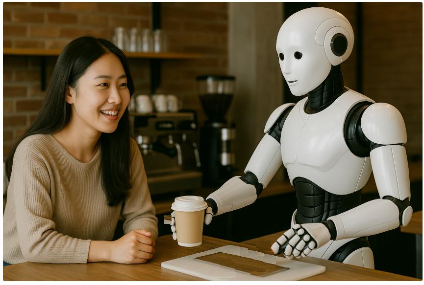 AI 휴머노이드 로봇 바리스타가 고객과 대화하는 모습