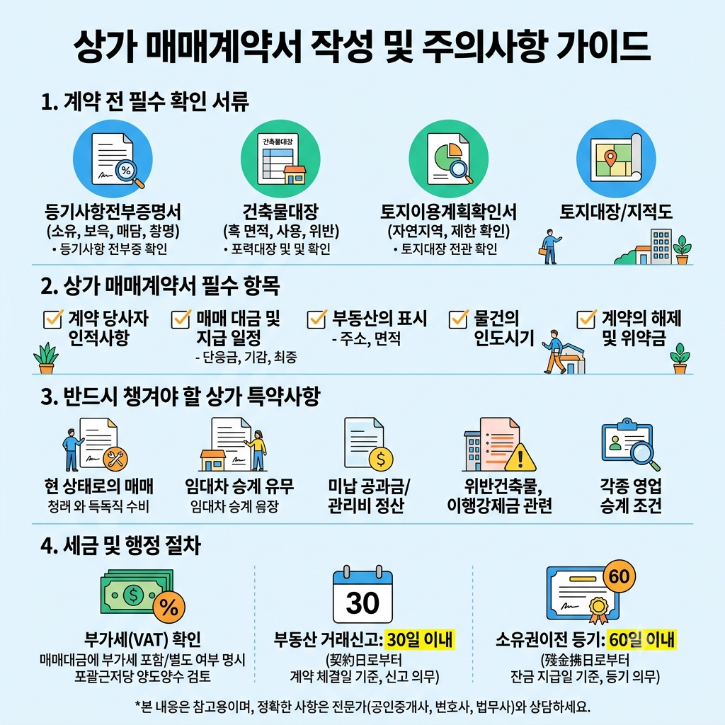 상가 매매계약서 쓰는 법 계약 전 확인부터 특약, 신고&middot;등기 인포그래픽