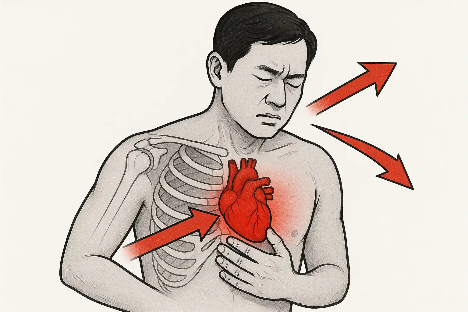 왼쪽 갈비뼈와 팔·턱으로 퍼져 나가는 화살표형 통증