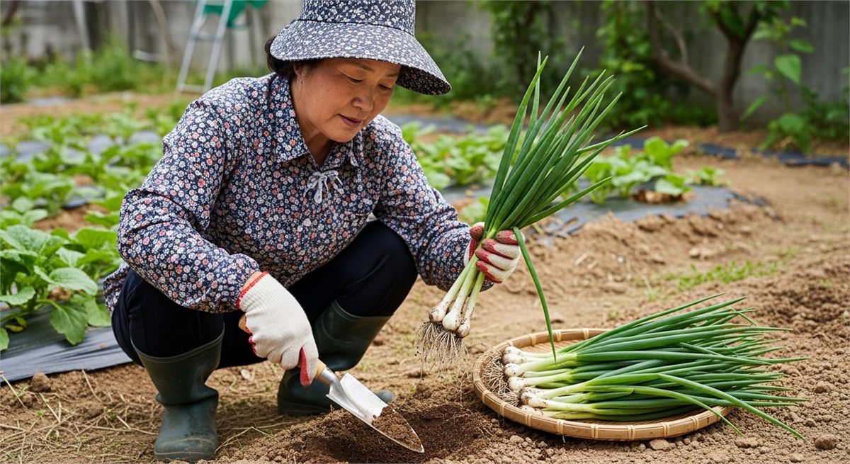 텃밭에서 쪽파를 직접 수확하는 한국인 가드너의 모습