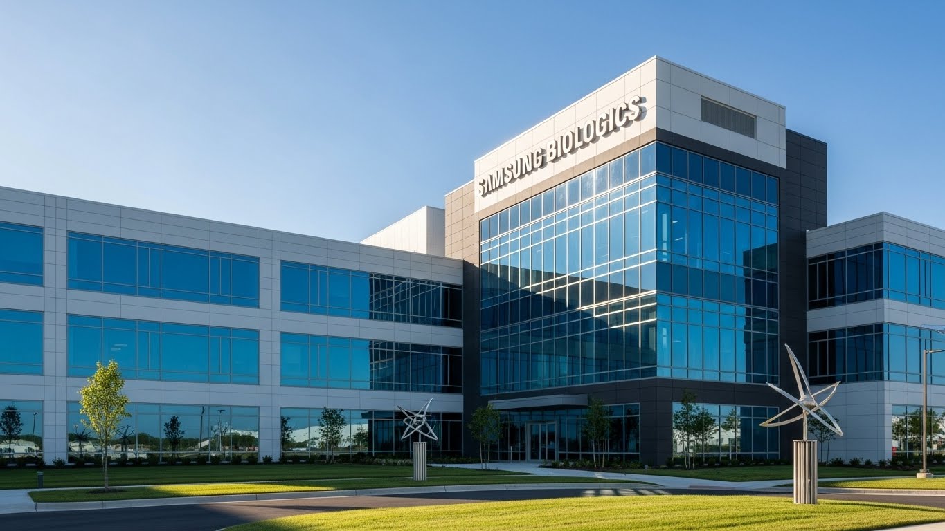 A modern, high-tech biopharmaceutical manufacturing plant exterior with blue glass windows, clean sky, representing Samsung Biologics