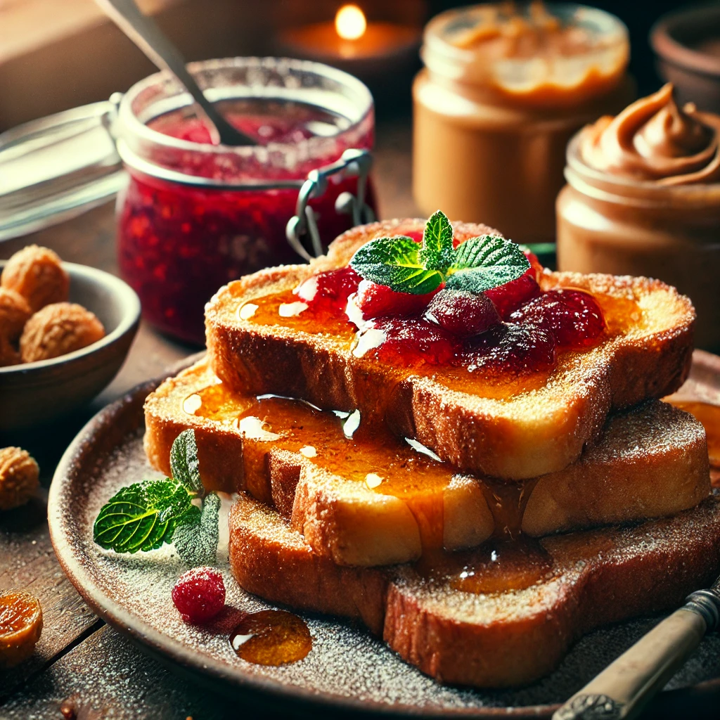 잼과 땅콩버터가 올라간 프렌치토스트