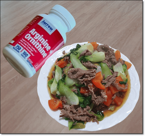 오르니틴 보충제와 소고기 음식