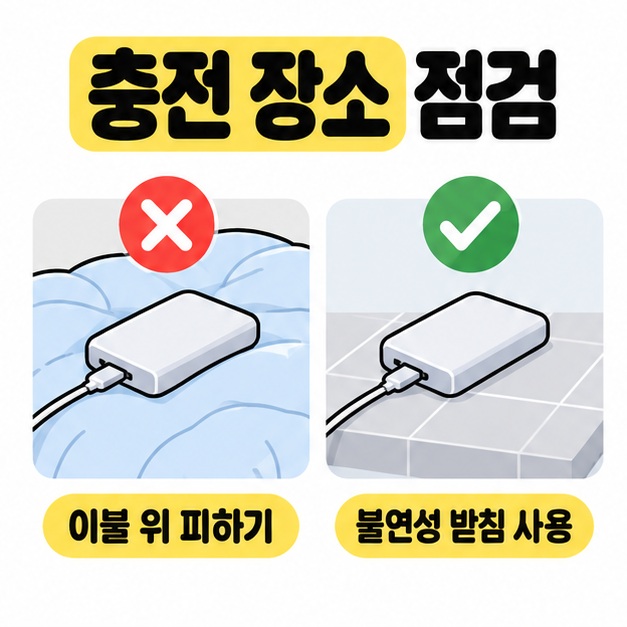 이불 위 충전에는 X 표시, 타일 받침 위 충전에는 체크 표시를 넣어 충전 장소를 비교한 그림