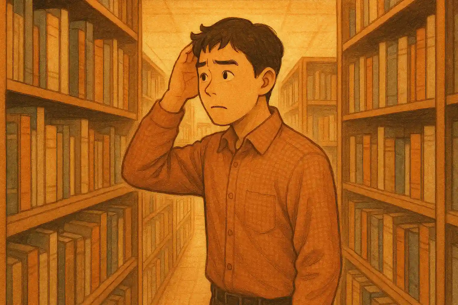 도서관 안에서 책을 찾는 중인 사람 — 책이 선반 어딘가에 있지만 잠시 못 찾는 모습