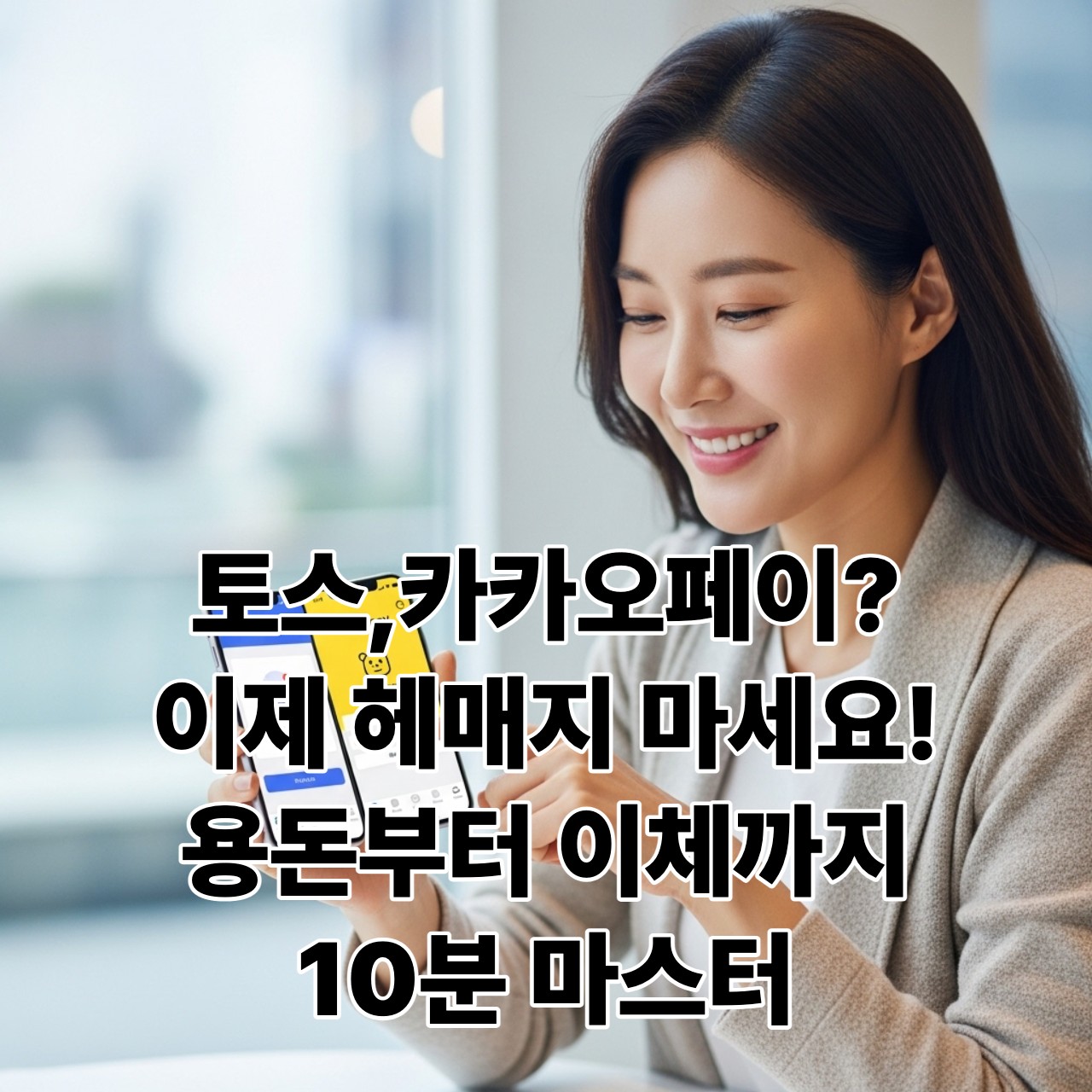 스마트폰으로 토스와 카카오페이 간편 송금 앱을 사용하며 웃고 있는 한국인 여성의 모습