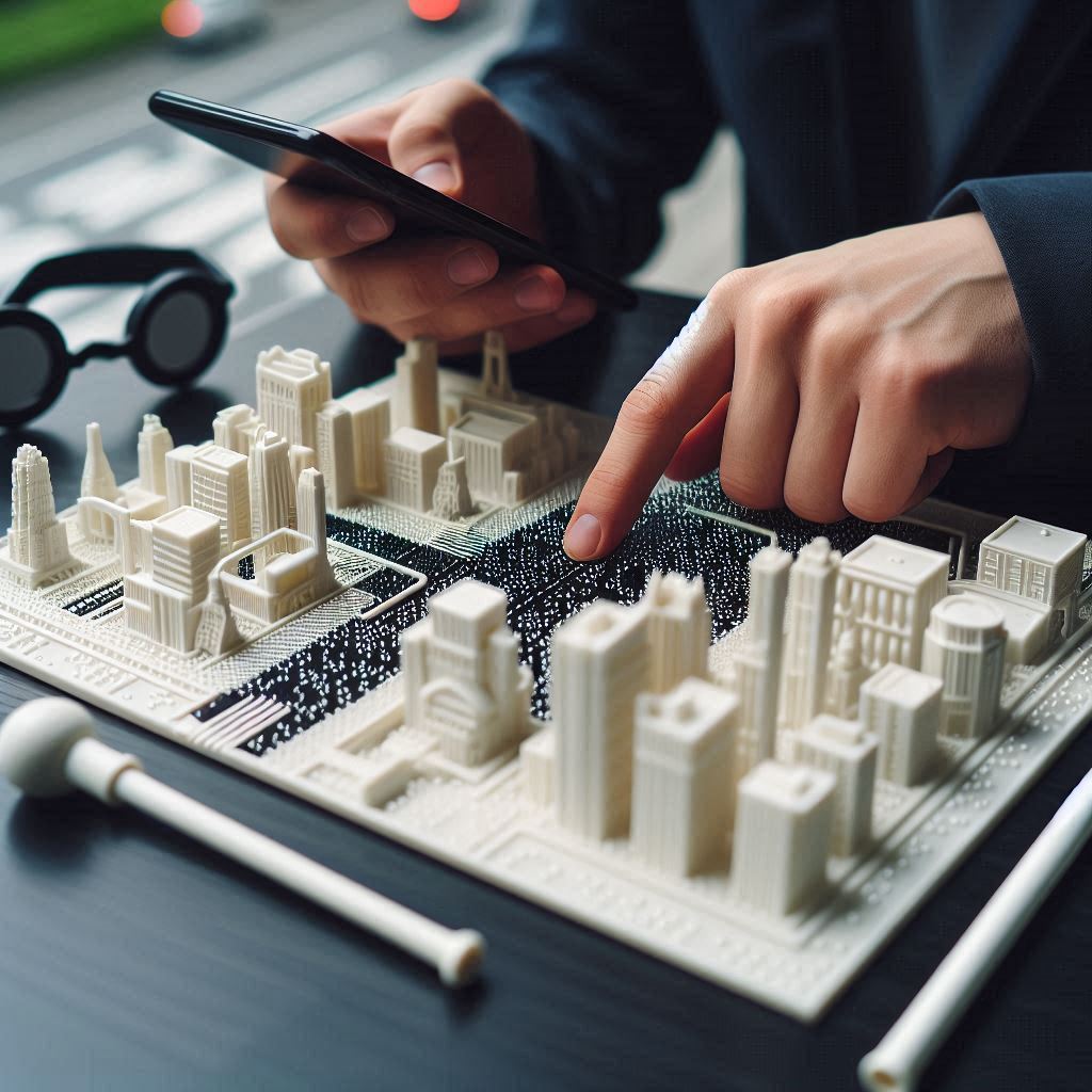 시각장애인이 3D 프린팅으로 제작된 정교한 점자지도를 손으로 읽고 있는 모습.