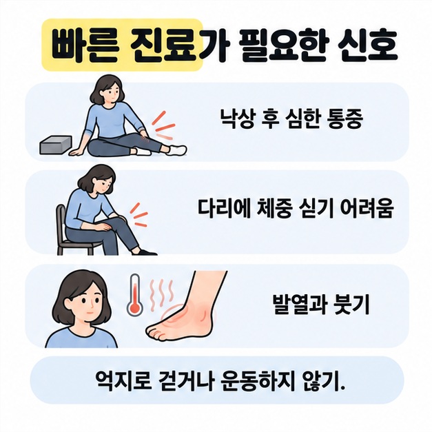 낙상 후 심한 통증, 체중 싣기 어려움, 발열과 붓기를 빠른 진료 신호로 안내하고 억지로 걷거나 운동하지 말라고 알리는 그림