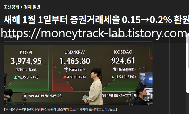 코스피&middot;코스닥 증권거래세율이 모두 실효 0.20%로 조정, 조선일보 2026
