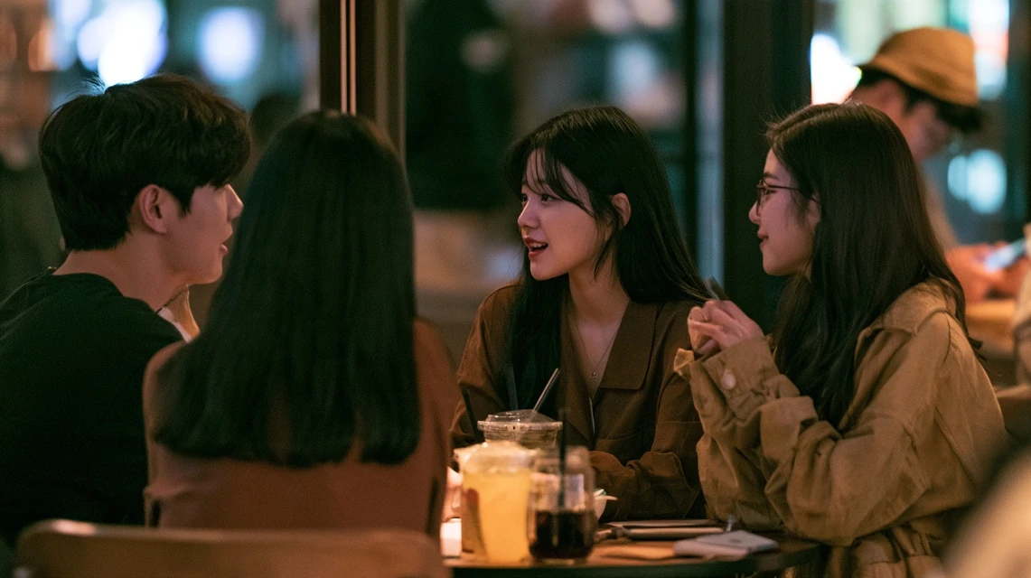 카페에서 시계를 확인하며 대화 중인 사람들