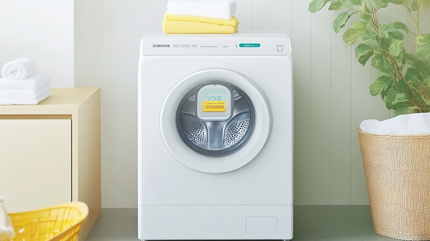 현대적인 세탁실에서 디지털 디스플레이와 에코버블 기술을 강조하는 세련된 삼성 세탁기의 모습.