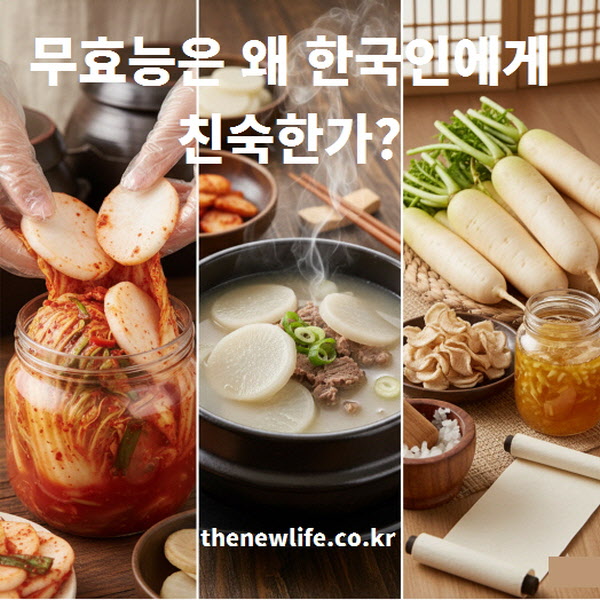 한국 식문화에서 소화와 기관지 보호를 위해 활용된 무 효능 설명 이미지