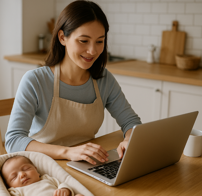 잠든 아이 옆에서 노트북을 하는 여성사진