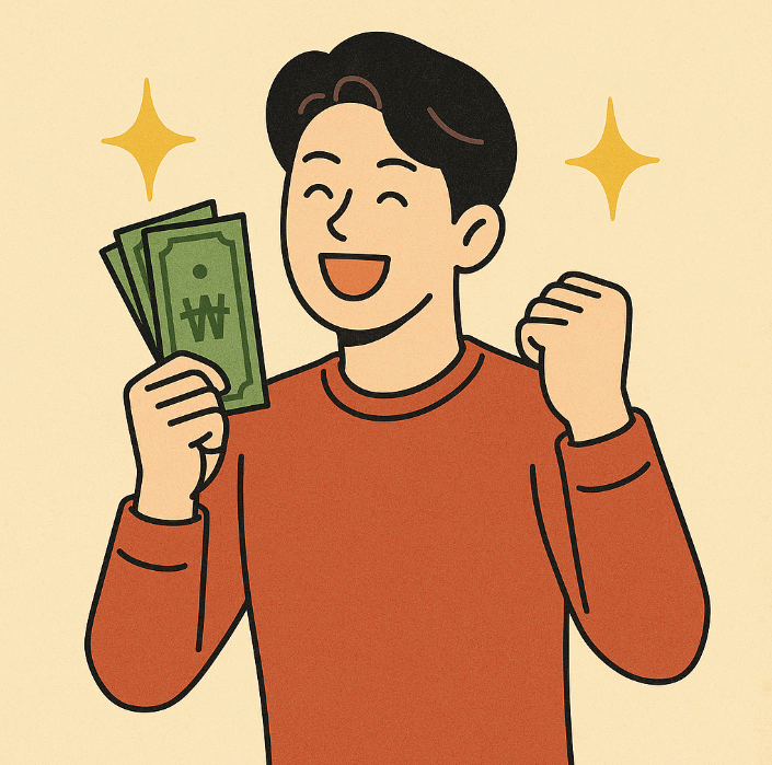 지원금을 받고 기뻐하는 청년의 이미지